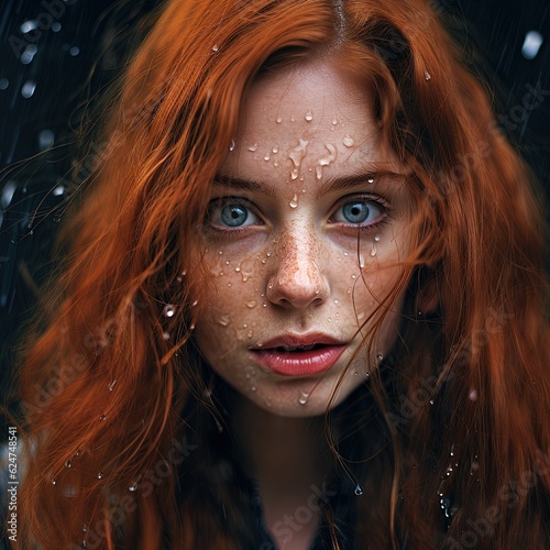 portrait of a red haired woman with water drops in her face