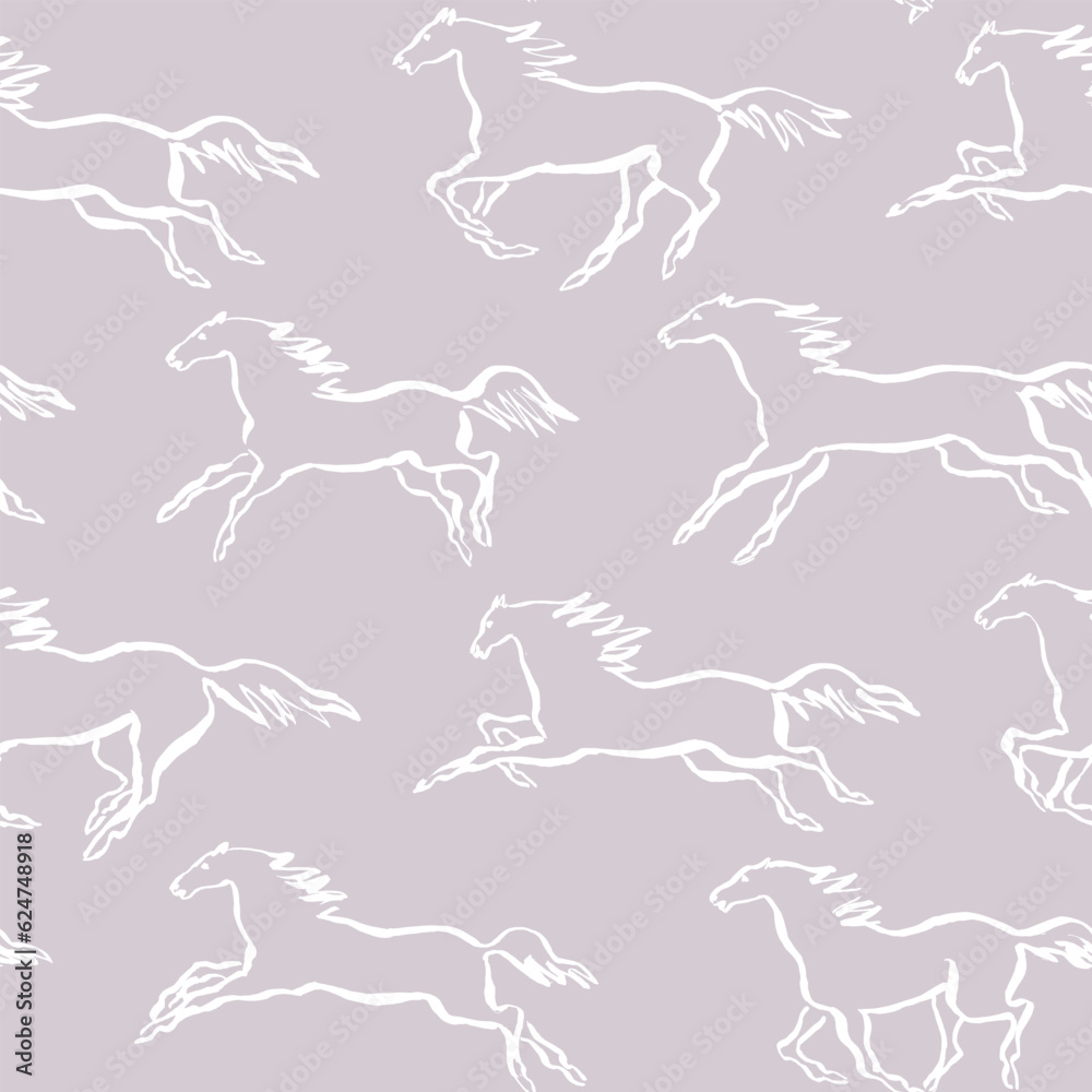 Hand drawn outline silhouette of the horses, paint brush drawings, equestrian seamless pattern for fabric design and packaging Hand drawn outline silhouette of the horses, paint brush drawings, equestrian seamless pattern for fabric design and packaging