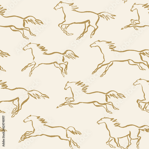 Hand drawn outline silhouette of the horses, paint brush drawings, equestrian seamless pattern for fabric design and packaging