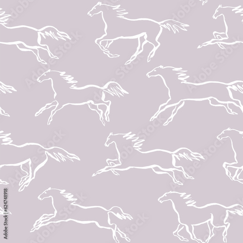Hand drawn outline silhouette of the horses  paint brush drawings  equestrian seamless pattern for fabric design and packaging