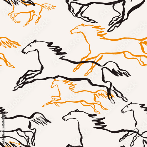 Hand drawn outline silhouette of the horses, paint brush drawings, equestrian seamless pattern for fabric design and packaging