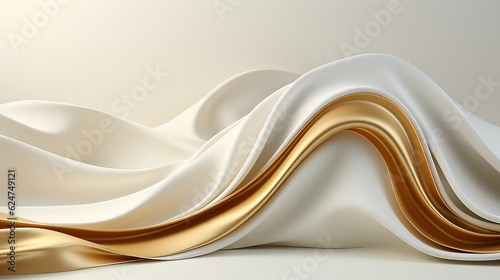 White cloth with gold silk. 3D display podium background with pedestal, product presentation stand.