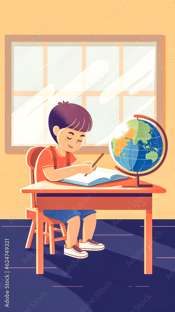 A schoolboy is doing her homework while sitting at the table, generative AI. A schoolboy is doing her homework while sitting at the table, generative AI.