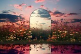 mirror frame standing in the flower field decorated with flowers and reflecting the beautiful landscape and sky