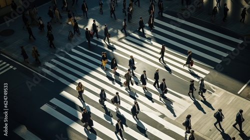 Pedestrians walking on a crosswalk, businessmen on their way to work, morning glory, urban morning