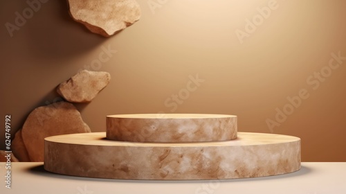 Brown stone podium pedestal for product display. Background for cosmetic product branding, identity and packaging