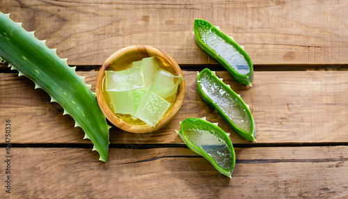 aloe vera with aloe vera gel on wooden table. top view