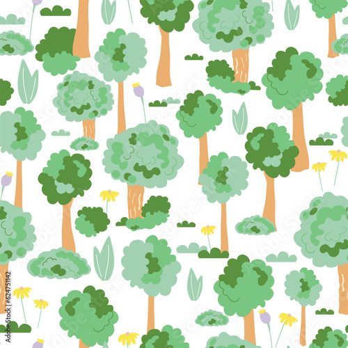 White Trees in the park seamless background pattern. Spring in the park vector pattern.