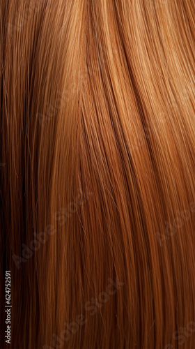 Close-up of a bunch of shiny straight natural hair in a copper-hazel shade . Generative AI
