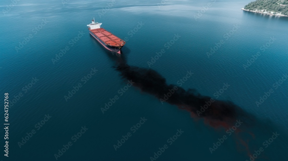 Ecological disaster, oil spill in ocean near tanker, top view. Commercial delivery. AI generated. Ecological disaster, oil spill in ocean near tanker, top view. Commercial delivery. AI generated.