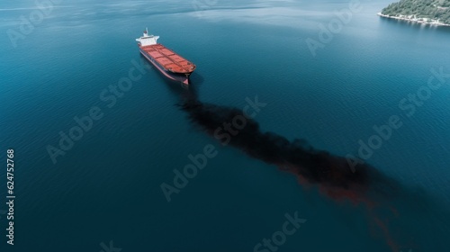 Ecological disaster, oil spill in ocean near tanker, top view. Commercial delivery. AI generated. photo