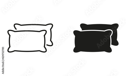 Pillow Line and Silhouette Black Icon Set. Cushion Pictogram. Home, Hostel, Hotel Comfy Bedding Sign. Bedroom Decoration Interior Symbol Collection. Night Rest. Isolated Vector Illustration