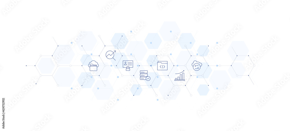 Data banner vector illustration. Style of icon between. Containing data storage, seo, personal data, server, folder, analytics, recovery.