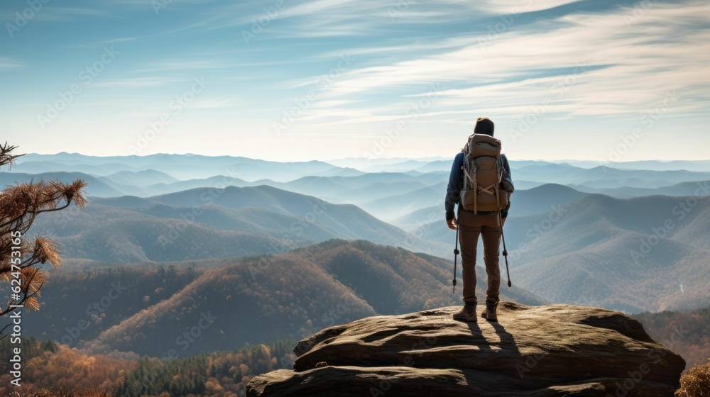 Hiking person at the top of a mountain overlooking a stunning view of the landscape