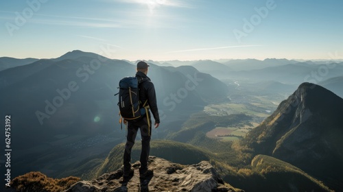 Hiker at the top of a mountain overlooking a stunning view on the valley © Generative Professor