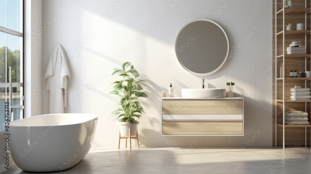 Modern bathroom interior design with white walls, bathtub, and mirror Modern bathroom interior design with white walls, bathtub, and mirror