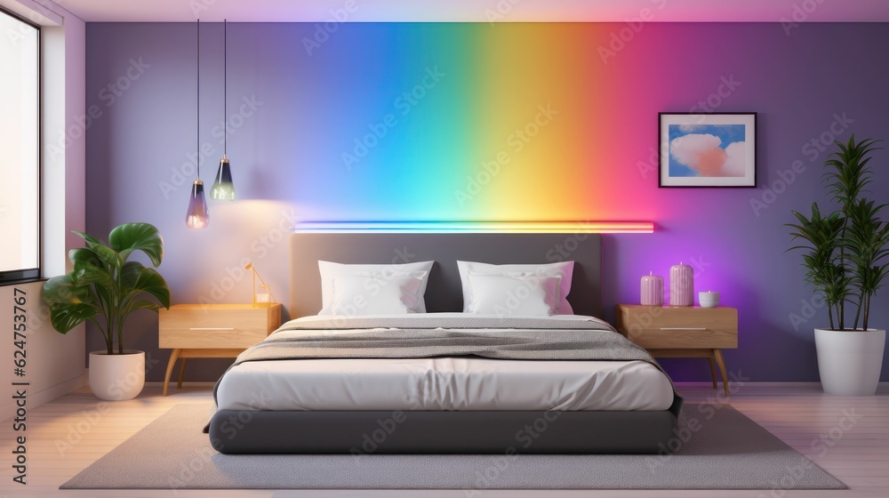 Fototapeta premium Luxury Interior design of comfortable bedroom with colorful rainbow walls and big bed