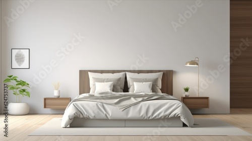 Luxury Interior design of comfortable bedroom with white walls and big bed in the center © Generative Professor