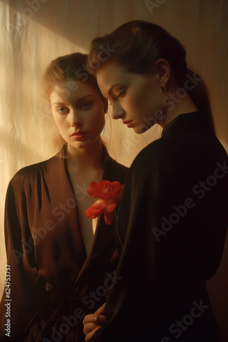 female friends/models/lgbtq + couple in magazine editorial fashion/beauty photo shoot embracing/kissing  film photography look  - generative ai art photo