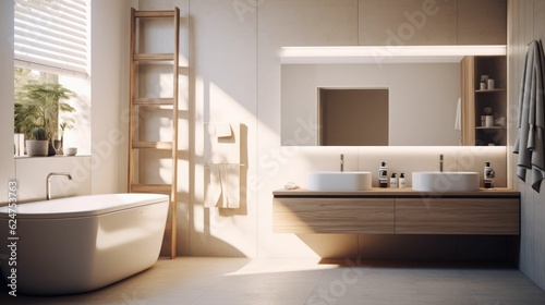 Modern Bathroom Interior design with white walls and huge mirror