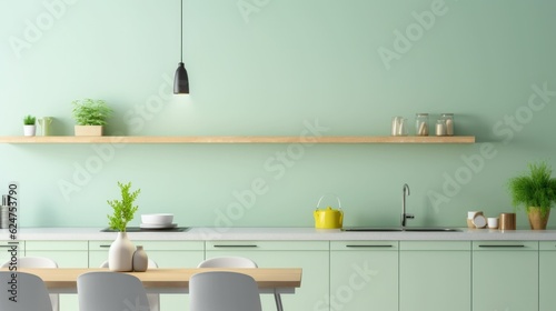 Modern kitchen interior design with pastel green walls and shelf