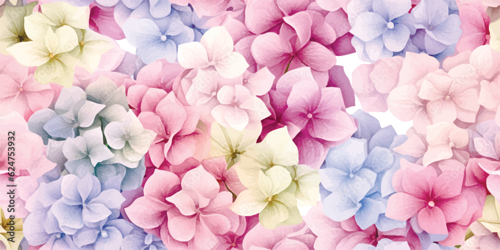 Inflorescence flowers hydrangea randomly arranged in seamless pattern, vector floral illustration in vintage watercolor style.