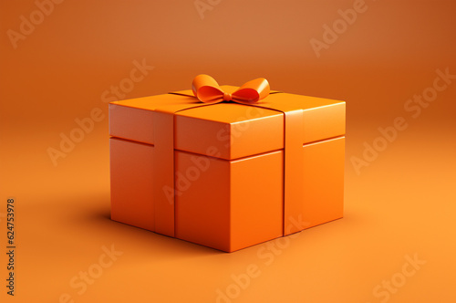 Mockup orange box with bow on orange background. Generative AI