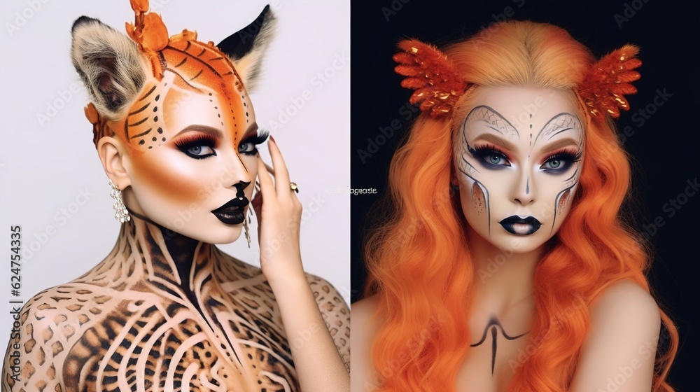 Fototapeta premium Animal-inspired beauty Influencers incorporating. Colage Fashion art Woman close-up portrait. Fantasy beauty in paint shiny skin Generative AI