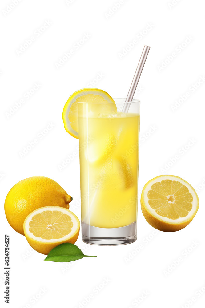 Front view of fresh lemon juice in a glass with straw and lemons on cutout PNG transparent background. Generative AI Front view of fresh lemon juice in a glass with straw and lemons on cutout PNG transparent background. Generative AI