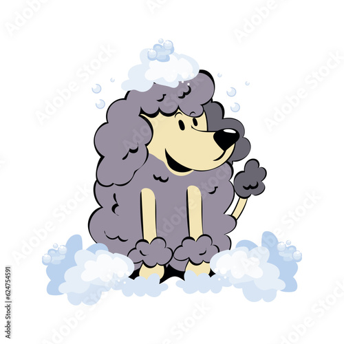 The Cute dog in a bubbles bath in a flat style. Grooming. Pet care illustration for content, label, banner, graphic and greeting card
