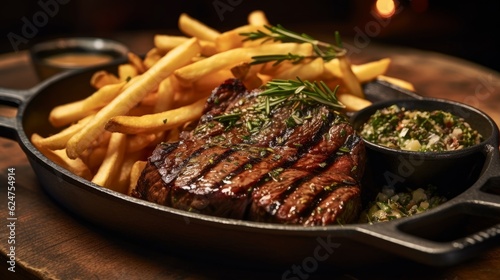 Steak Frites served on a cast iron plate, garnished with fresh herbs and a side of fries