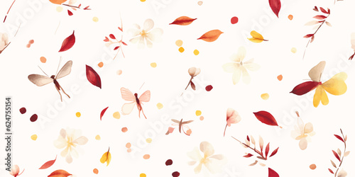 Minimalistic floral pattern of small flowers, petals, flying butterfly and dragonfly, wildlife watercolor print, seamless pattern burgundy and yellow colors, delicate illustration on ivory background