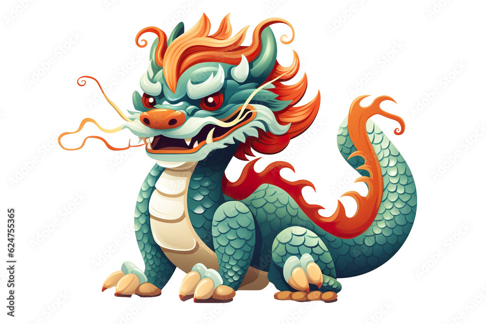 Fototapeta premium cute Chinese dragon, white isolated background PNG, cartoon style, animal designations