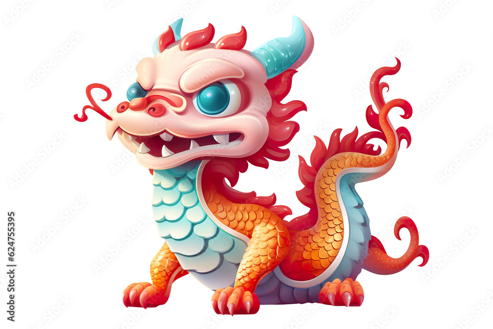 Fototapeta premium cute Chinese dragon, white isolated background PNG, cartoon style, animal designations