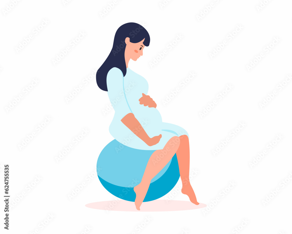 Pregnant woman sitting on fitball holding her belly Mother in labor flat vector illustration Pregnant woman sitting on fitball holding her belly Mother in labor flat vector illustration