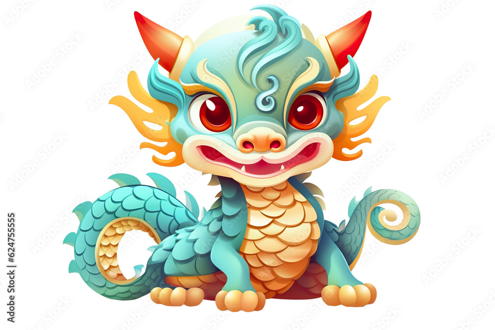 Fototapeta premium cute Chinese dragon, white isolated background PNG, cartoon style, animal designations
