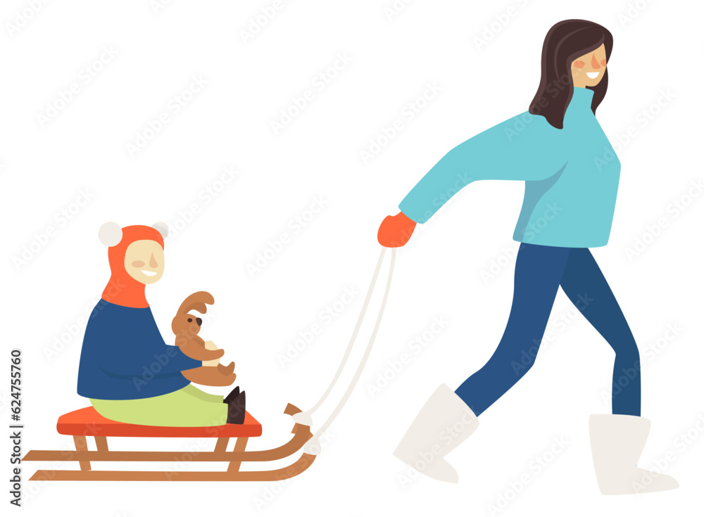 Mother pulling sled with child holding plush bunny