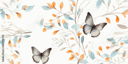Seamless floral pattern of abstract butterfly and branches with leaves. Watercolor illustration on grey background blue  black and orange colors in vintage style