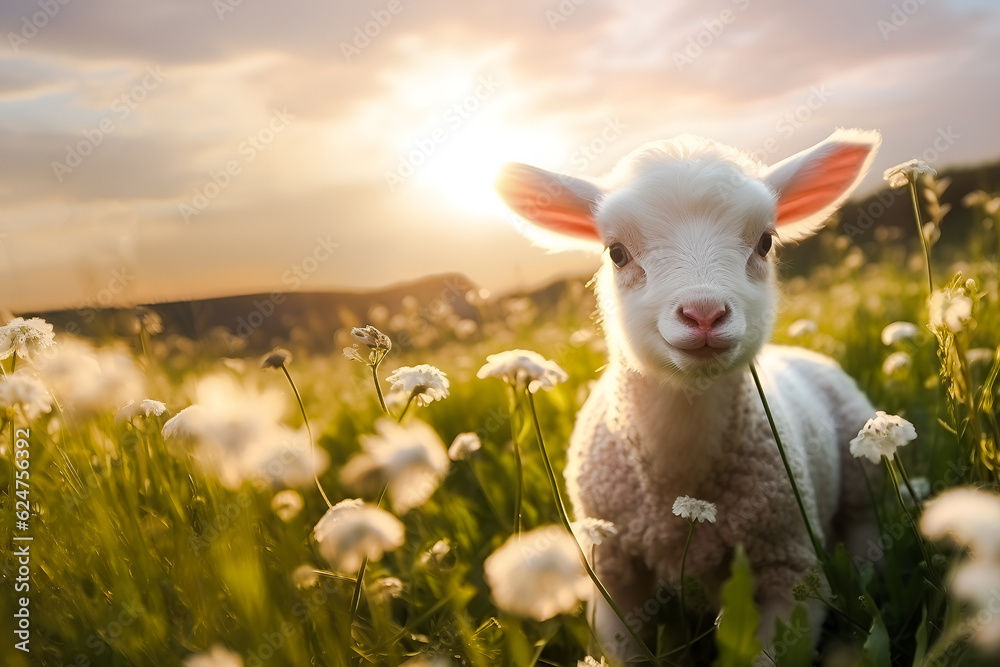 Little lamb in the meadow at sunset. Generative AI Little lamb in the meadow at sunset. Generative AI