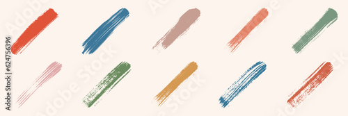 Brushstroke Color Set. Paint Brush Stroke. Watercolor Stain, Splash Collection. Grimy Texture. Long Blotch, Ink Scribble, Paintbrush Splatter. Abstract Design Element. Isolated Vector Illustration