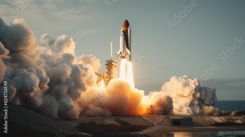 Successful rocket ship launch from the launch pad. Space shuttle taking off into the sky