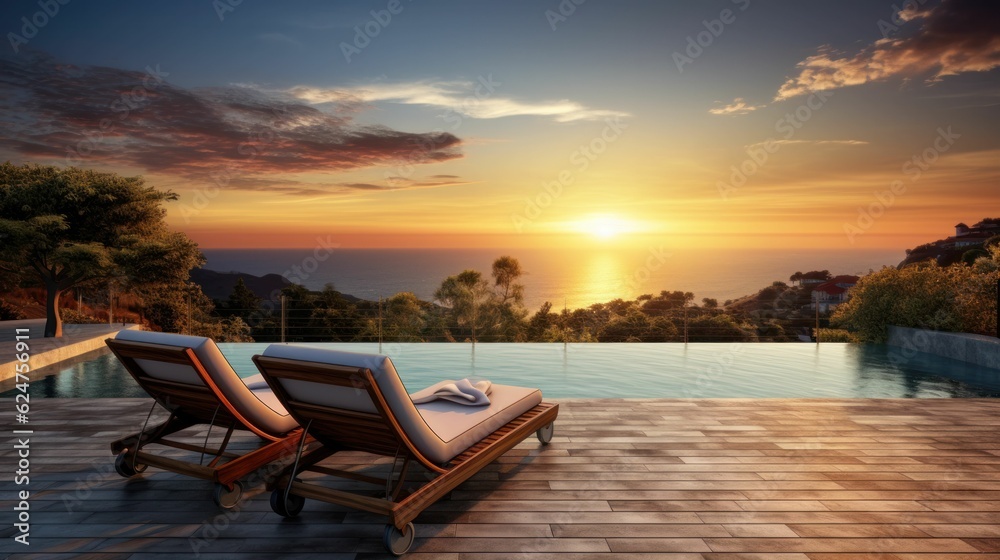 Two deck chairs on terrace with a pool, stunning view on summer ocean