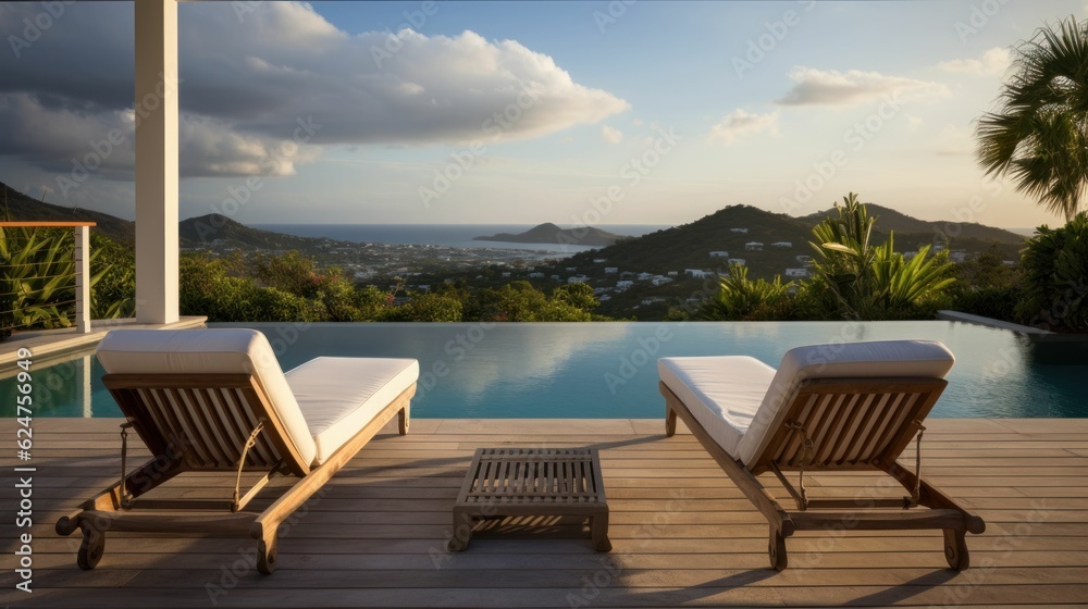 Two deck chairs on terrace with a pool, stunning view on mountains and the clouds in the sky Two deck chairs on terrace with a pool, stunning view on mountains and the clouds in the sky