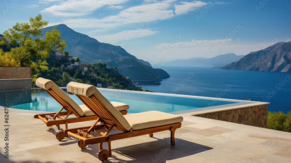 Two deck chairs on terrace with a pool, stunning view of Italian landscape Two deck chairs on terrace with a pool, stunning view of Italian landscape