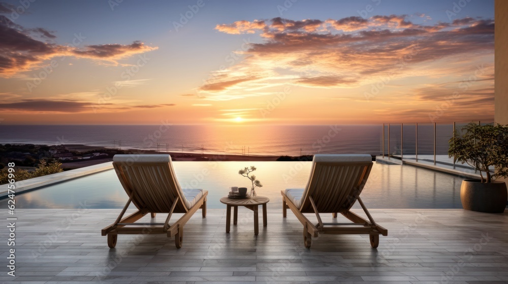 Lounge chairs at sunset on terrace with a pool with a stunning view of beach and sea