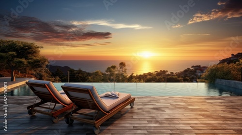 Two deck chairs on terrace with a pool, stunning view on summer ocean