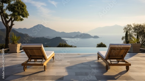 Two deck chairs on terrace with a pool  stunning view on a lake 