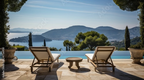 Two deck chairs on terrace with a pool  stunning view of Turkish landscape