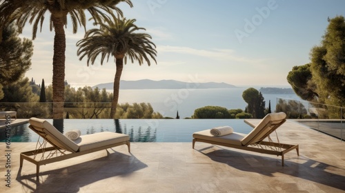 Two deck chairs on terrace with a pool  stunning view of French riviera