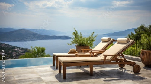 Two deck chairs on terrace with a pool, stunning view of mountains and sea